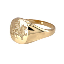 Load image into Gallery viewer, New 9ct Yellow Gold Welsh Dragon Rounded Signet Ring in size W with the weight 5.70 grams. The front of the ring is approximately 12.5mm high
