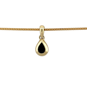 Preowned 9ct Yellow Gold & Black Stone Set Teardrop Pendant on an 18" curb chain with the weight 3.60 grams. The pendant is 1.9cm long including the bail and the black stone is 6mm by 4mm