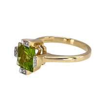 Load image into Gallery viewer, Preowned 9ct Yellow and White Gold Diamond &amp; Peridot Set Dress Ring in size N with the weight 3.20 grams. The peridot stone is 7mm by 7mm
