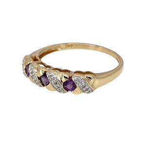 Preowned 9ct Yellow and White Gold Diamond & Amethyst Set Band Ring in size M with the weight 1.50 grams. The amethyst stones are each 2mm diameter