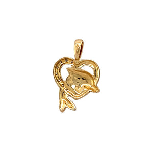 New 9ct Yellow and White Gold & Diamond Set Dolphin Heart Pendant with the weight 1.30 grams. There is approximately 0.03ct of diamond content set in total
