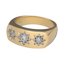 Load image into Gallery viewer, New 9ct Yellow and White Gold &amp; Diamond Starburst Trilogy Signet Ring in size W with the weight 13.60 grams. The front of the ring is 10mm high and there is approximately 0.74ct of diamond content in total
