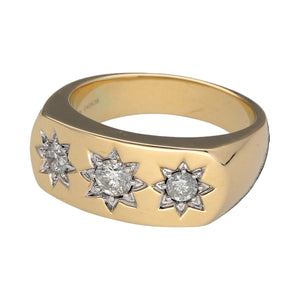 New 9ct Yellow and White Gold & Diamond Starburst Trilogy Signet Ring in size W with the weight 13.60 grams. The front of the ring is 10mm high and there is approximately 0.74ct of diamond content in total