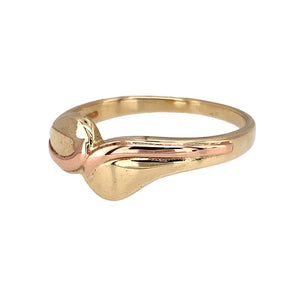 Preowned 9ct Yellow and Rose Gold Clogau Wrap Over Ring in size T with the weight 3.60 grams. The front of the ring is 9mm wide