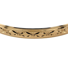 Load image into Gallery viewer, Preowned 9ct Yellow Solid Gold Patterned Engraved Bangle with the weight 10.30 grams. The bangle width is 6mm and the bangle diameter is 6.7cm
