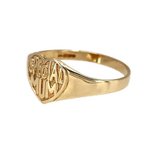 Load image into Gallery viewer, Preowned 9ct Yellow Gold Special Mum Heart Signet Ring in size N with the weight 1.30 grams. The front of the ring is 9mm high
