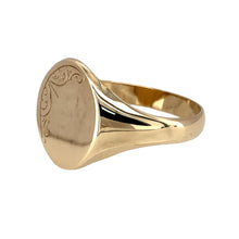 Load image into Gallery viewer, Preowned 9ct Yellow Gold Patterned Oval Signet Ring in size Y to Z with the weight 4.80 grams. The front of the ring is 16mm high
