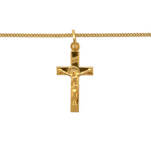 Load image into Gallery viewer, Preowned 18ct Yellow Gold Crucifix Pendant on a 16&quot; curb chain with the weight 3.60 grams. The pendant is 3cm long including the bail
