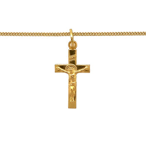 Preowned 18ct Yellow Gold Crucifix Pendant on a 16" curb chain with the weight 3.60 grams. The pendant is 3cm long including the bail