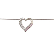 Load image into Gallery viewer, Preowned 9ct White Gold &amp; White and Pink Cubic Zirconia Set Open Heart Pendant on a 16&quot; snake chain with the weight 3 grams. The pendant is 14mm diameter

