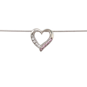 Preowned 9ct White Gold & White and Pink Cubic Zirconia Set Open Heart Pendant on a 16" snake chain with the weight 3 grams. The pendant is 14mm diameter