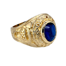 Load image into Gallery viewer, Preowned 9ct Yellow Gold &amp; Blue Stone Set Oxford University College Style Ring in size R with the weight 11.60 grams. The blue stone is 9mm by 7mm and the front of the ring is 19mm high
