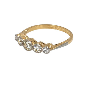 Preowned 18ct Yellow Gold & Platinum Diamond Set Five Stone Band Ring in size K to L with the weight 2.20 grams. There is approximately 47pt of diamond content in total with approximate clarity Si and colour K - M