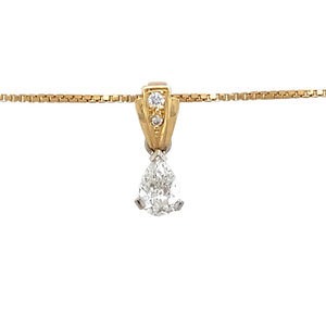 Preowned 18ct Yellow and White Gold & Diamond Set Teardrop Pendant on a 20" box chain with the weight 6.20 grams. The pendant is 1.8cm long including the bail. There is approximately 71pt of diamond content in total