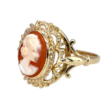 Load image into Gallery viewer, Preowned 9ct Yellow Gold &amp; Cameo Set Oval Ring in size P with the weight 3.90 grams. The cameo stone is 12mm by 10mm
