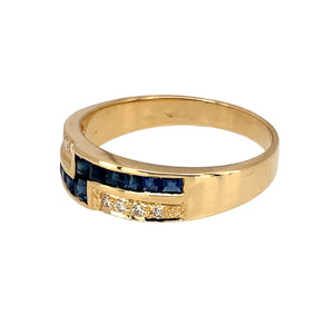 Preowned 18ct Yellow Gold Diamond & Sapphire Set Band Ring in size N with the weight 3.80 grams. The front of the band is 5mm wide