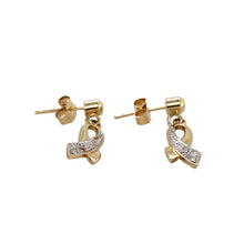 Load image into Gallery viewer, Preowned 9ct Yellow and White Gold &amp; Diamond Set Ribbon Dropper Earrings with the weight 2 grams
