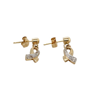 Preowned 9ct Yellow and White Gold & Diamond Set Ribbon Dropper Earrings with the weight 2 grams