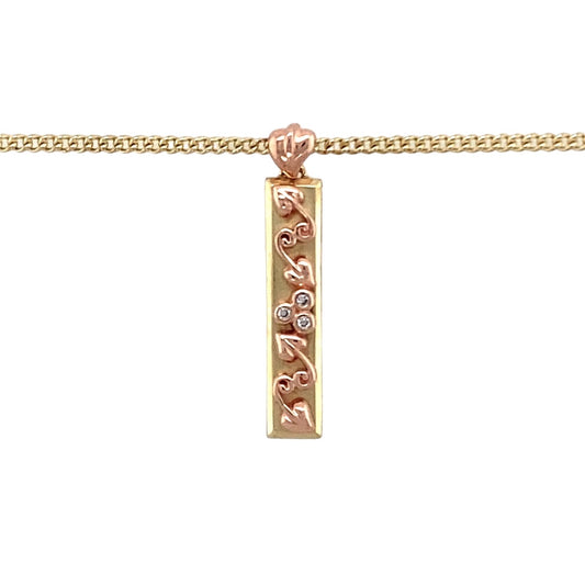 Preowned 9ct Yellow and Rose Gold & Diamond Set Clogau Tree of Life Ingot Pendant on an 18" Clogau curb chain with the weight 4.70 grams. The pendant is 2.3cm long including the bail