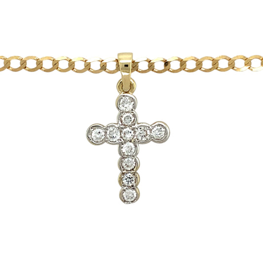 Preowned 9ct Yellow and White Gold & Cubic Zirconia Set Cross Pendant on an 18" curb chain with the weight 8.10 grams. The pendant is 3.5cm long including the bail
