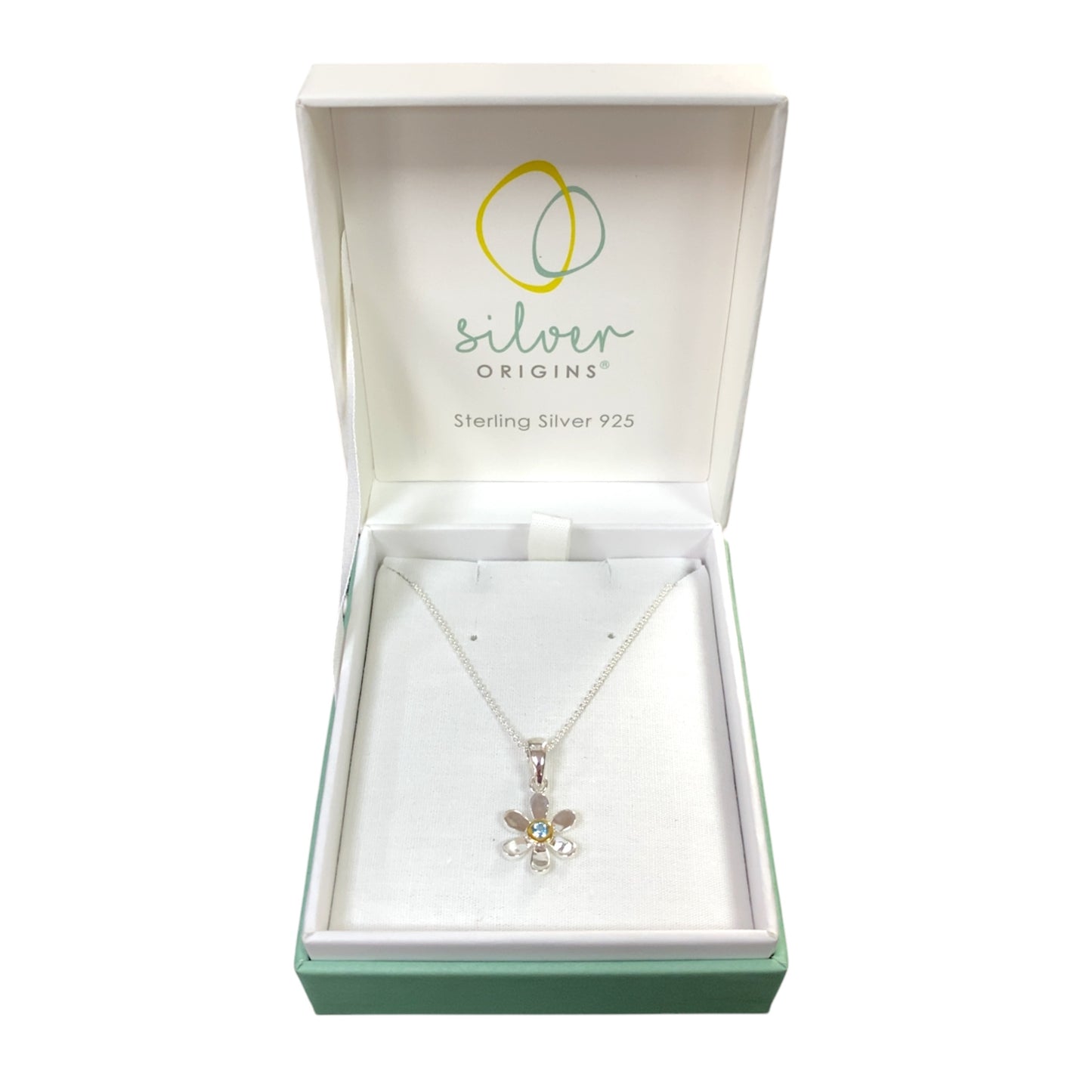 925 Silver & Blue Topaz Set Flower March Birthstone 16" - 18" Necklace