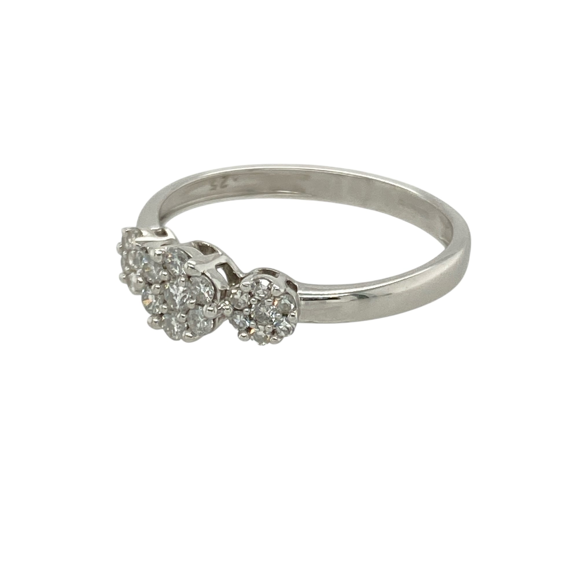 Add elegant sparkle and symbolic design to your collection with this pre-owned 9ct white gold diamond set cluster trilogy ring—refined, meaningful, and perfect for timeless styling.
Design: The ring features three diamond clusters across the 5mm wide front, with the central cluster slightly larger to create a balanced and eye-catching trilogy effect. The total diamond content is approximately 0.25ct.