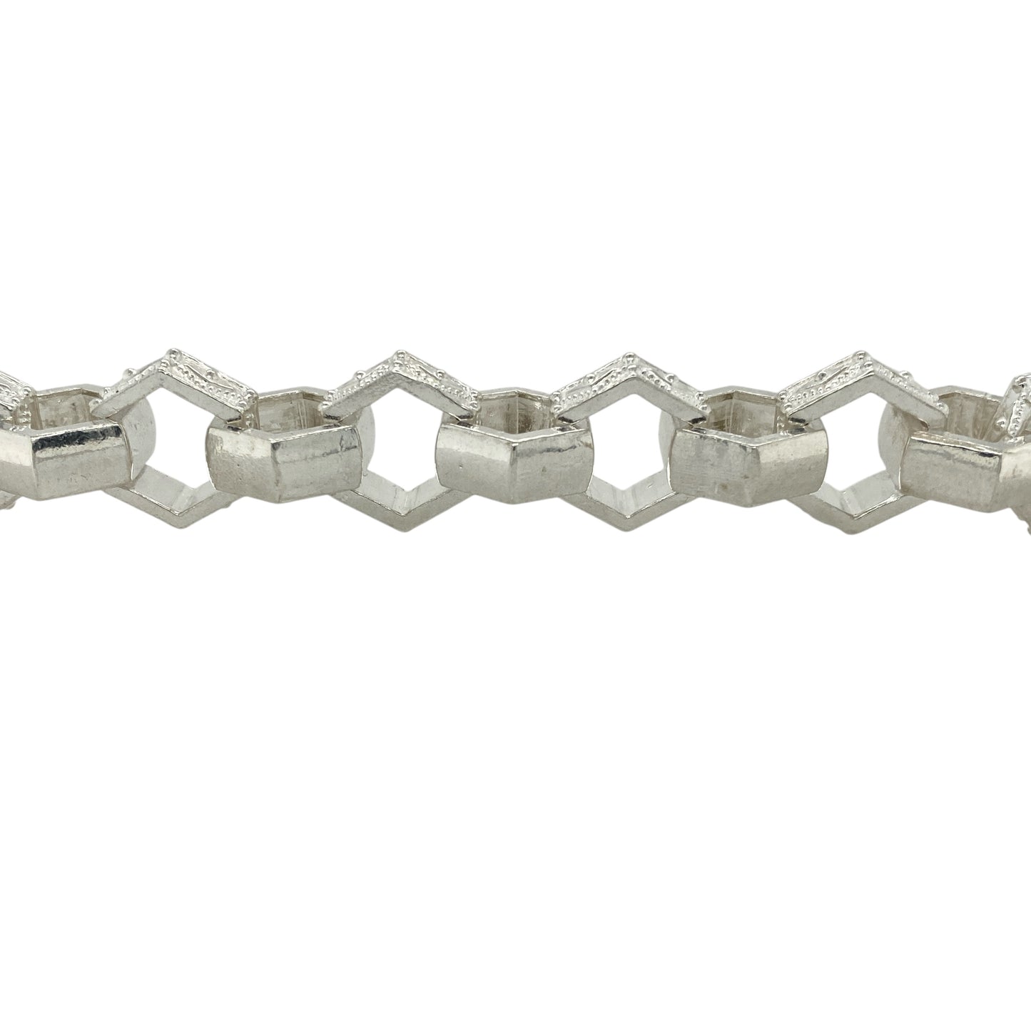 New 925 Silver 9.5" Patterned Hexagon Link Bracelet
