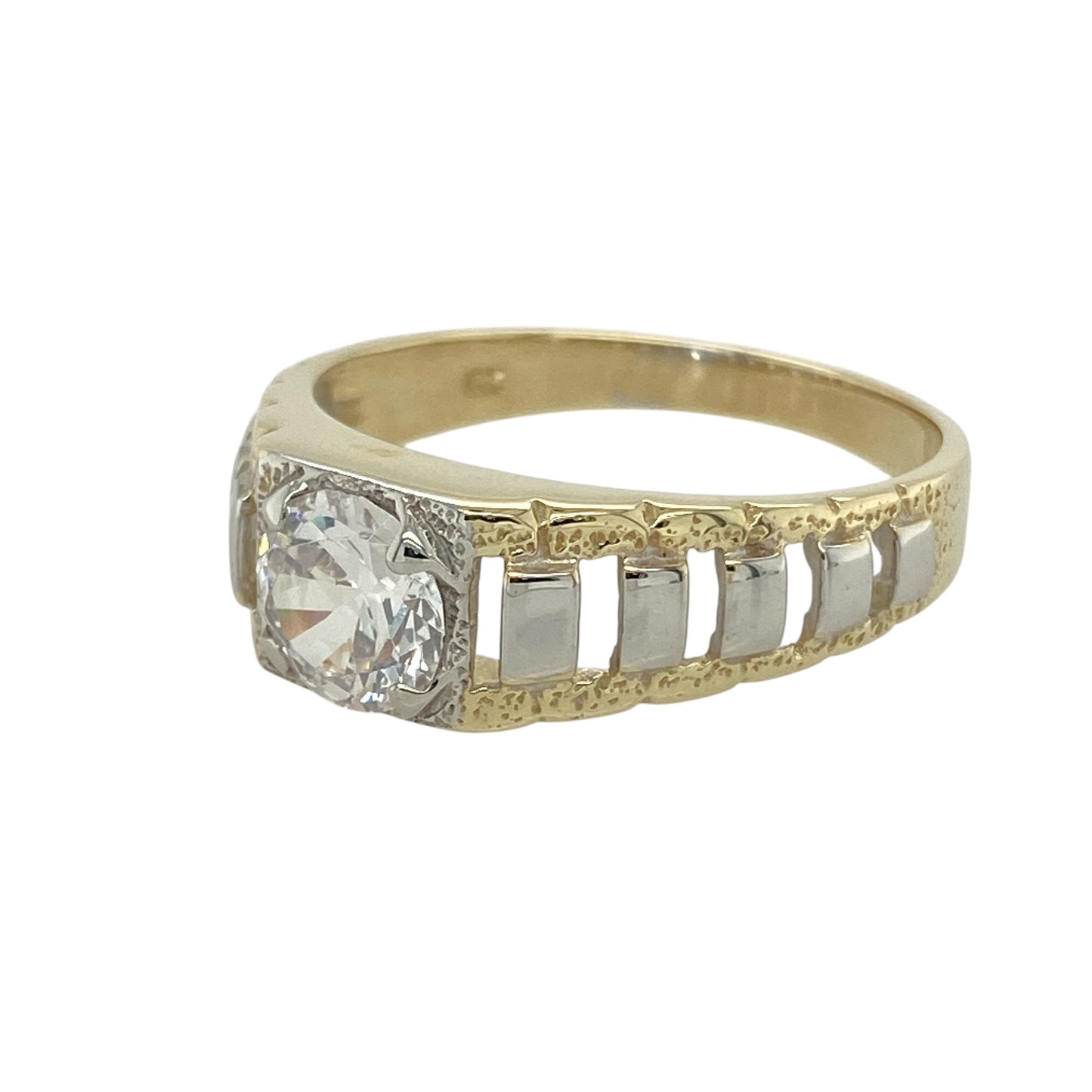Bring bold sparkle and unique style to your collection with this pre-owned 9ct yellow and white gold cubic zirconia set watch style ring, offering a distinctive design and eye-catching presence—perfect for making a statement.
Design: The ring features a striking watch-inspired design highlighted by a 7mm diameter cubic zirconia stone at the center, creating a bold and brilliant focal point. The combination of yellow and white gold adds contrast and a contemporary edge to the piece.