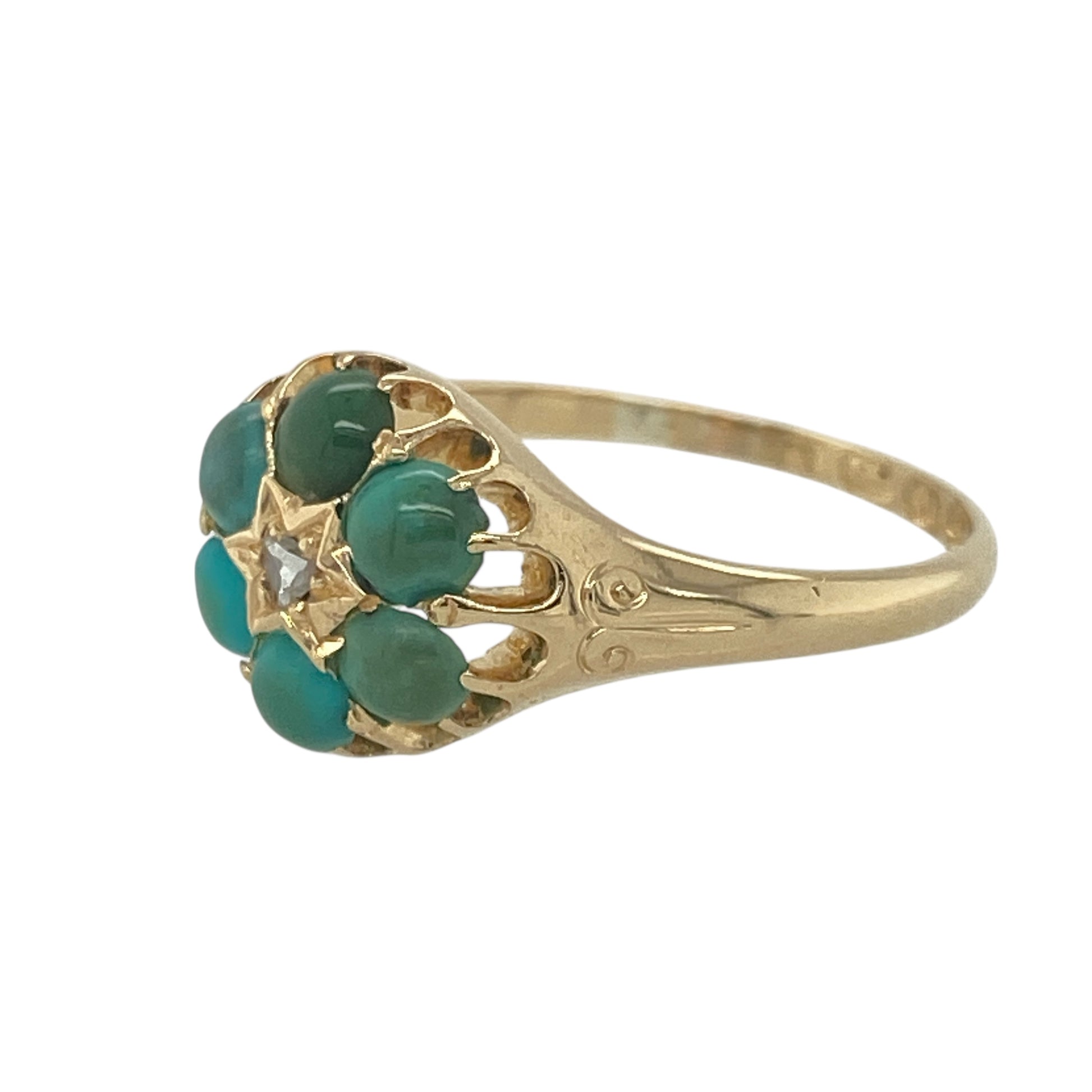 Add a vibrant touch of vintage charm with this pre-owned 18ct yellow gold flower ring, featuring turquoise and a central diamond in a classic floral design.
Design: The front of the ring measures 11mm high and features six round turquoise stones arranged as petals, with a small diamond set at the centre to complete the flower motif.
Material: Made from 18-carat yellow gold, the warm tone enhances the vivid turquoise and adds richness to the delicate setting.