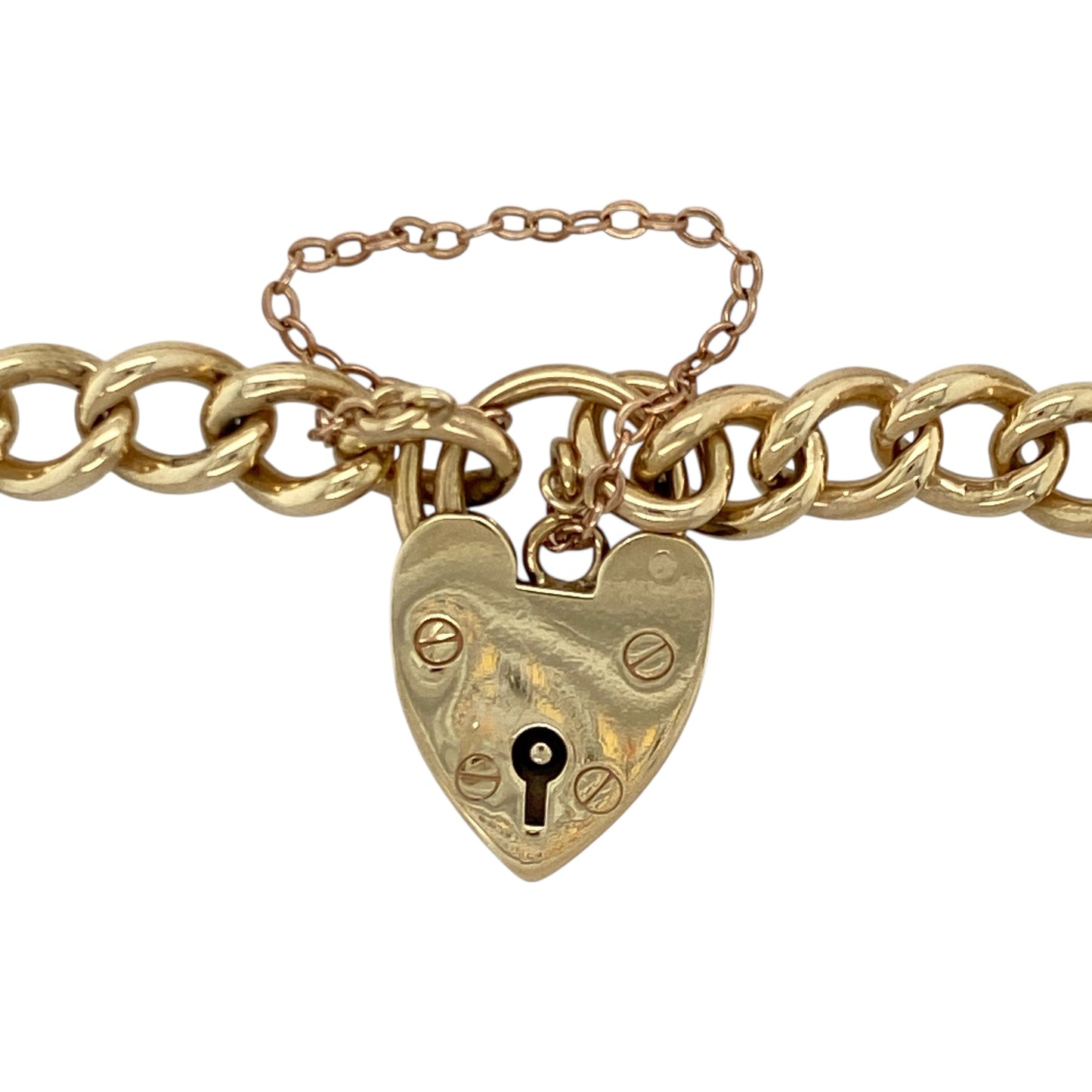 Bring timeless charm and substantial style to your jewellery collection with this pre-owned 9ct yellow gold heart padlock safety chain charm bracelet—perfect for everyday wear or special occasions.
Design: The bracelet features 7mm wide links and is finished with a classic heart-shaped padlock clasp and safety chain for both style and security.
Material: Made from 9-carat yellow gold, the polished finish enhances the warm golden tone and smooth link design.