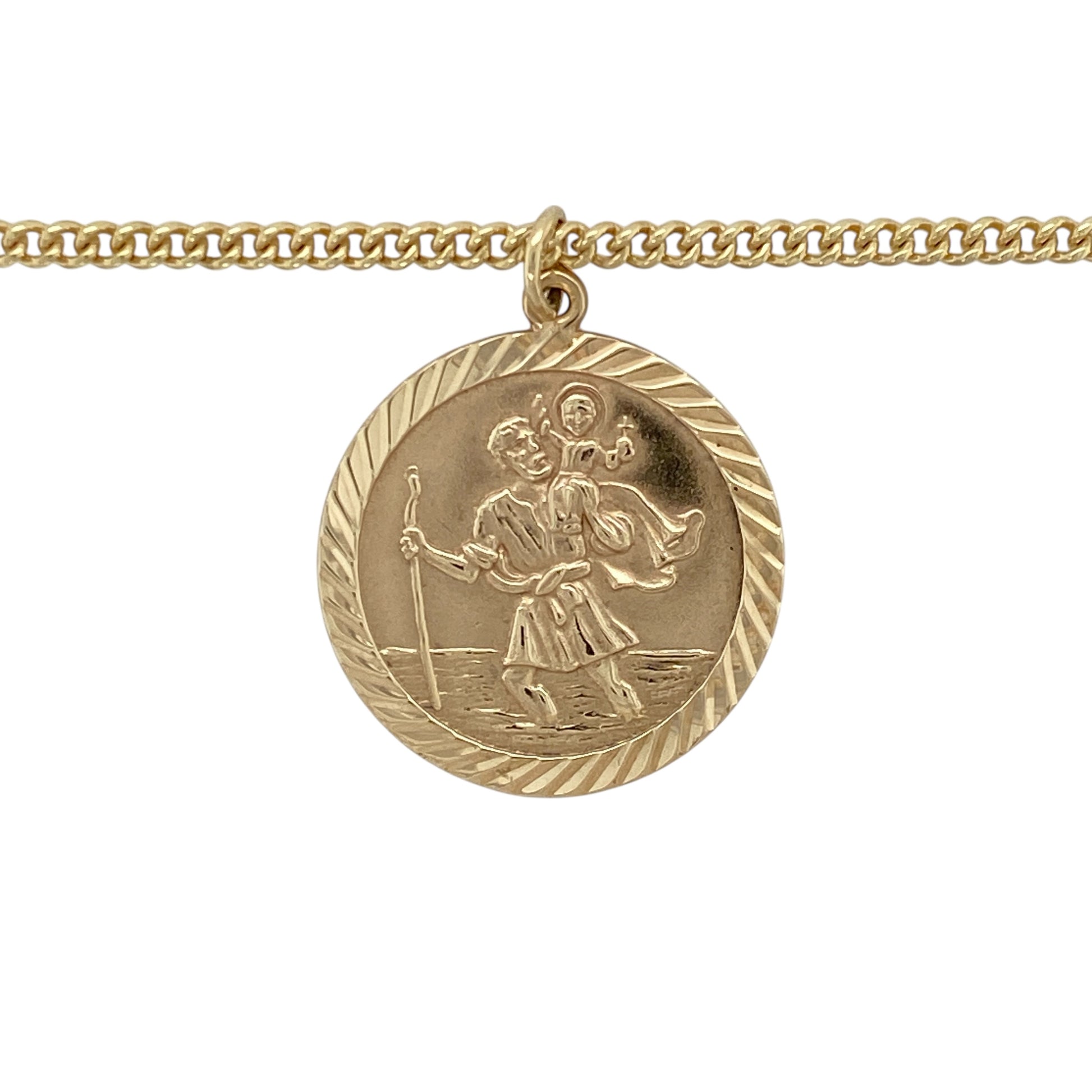Bring meaningful style and timeless craftsmanship to your collection with this pre-owned 9ct yellow gold St Christopher pendant on a curb chain—perfect as a protective talisman or a thoughtful gift.
Design: The pendant features a detailed depiction of St Christopher in a classic round form, measuring 3.1cm in length including the bail.
Material: Made from 9-carat yellow gold, the polished finish enhances the warm tone and brings out the fine detailing.