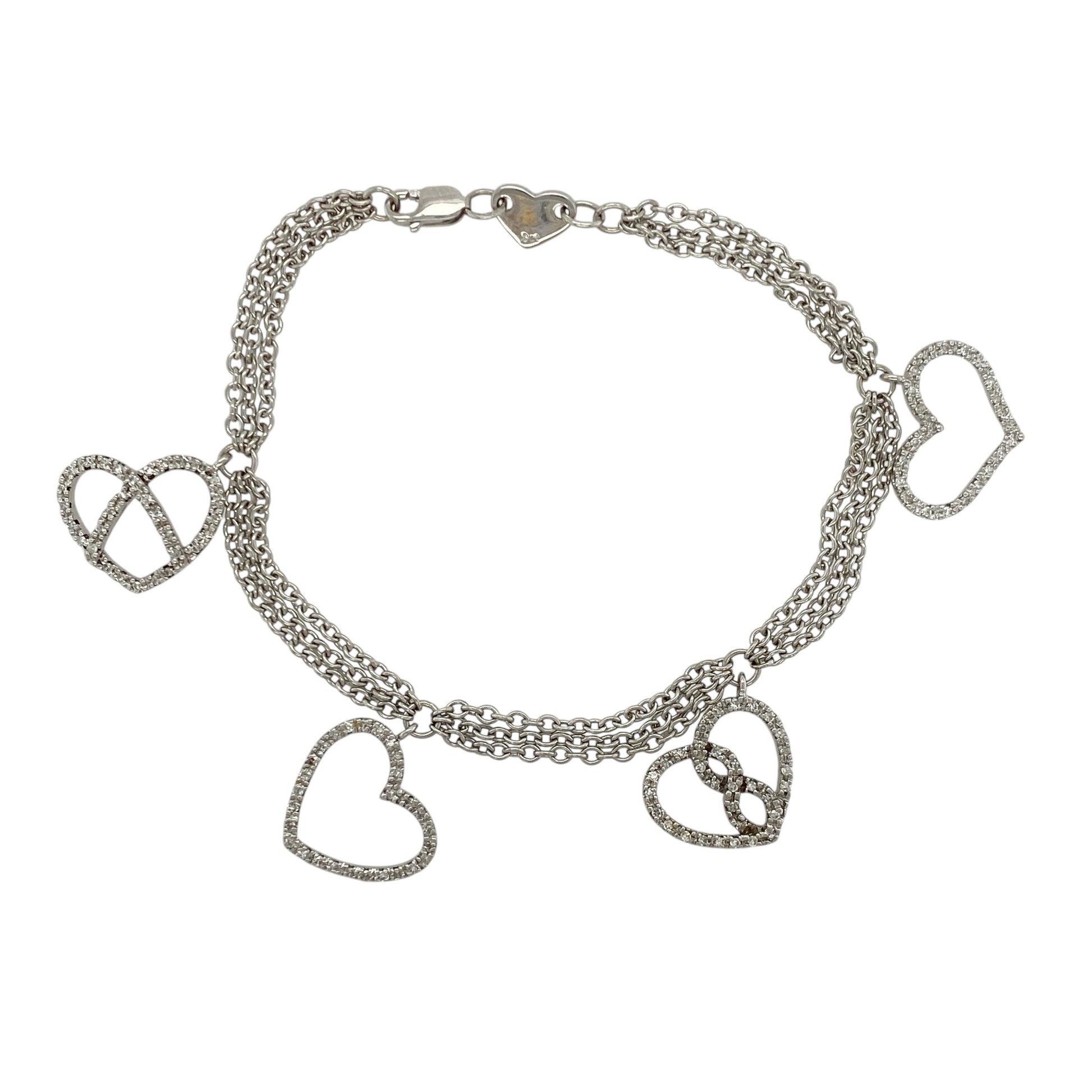 9ct White Gold & Diamond Set Heart Charms 7" Bracelet