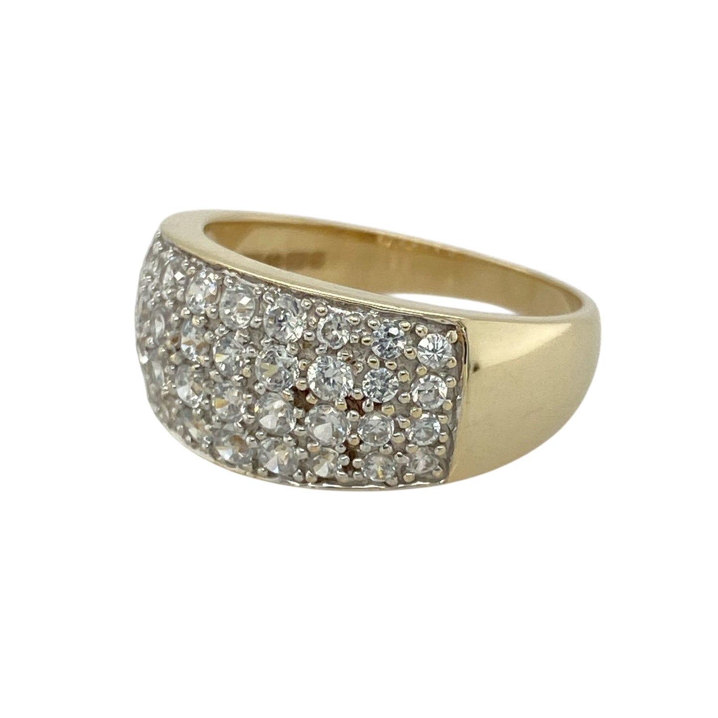 Bring bold sparkle and modern style to your collection with this pre-owned 9ct yellow gold cubic zirconia wide band ring, offering a striking presence and timeless elegance—perfect for statement wear or everyday sophistication.
Design: The ring features a broad 10mm front band, accented with sparkling cubic zirconias for a bright and eye-catching finish.
Material: Made from 9-carat yellow gold, the polished surface enhances the brilliance of the stones while giving the piece a luxurious backdrop.