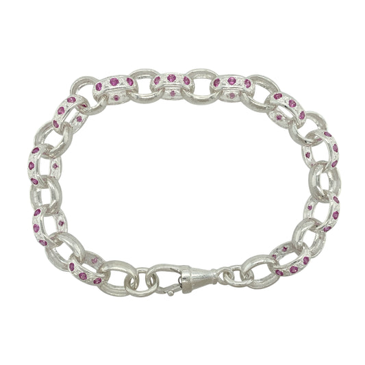 New 925 Silver & Pink Stone Set 9" Belcher Bracelet