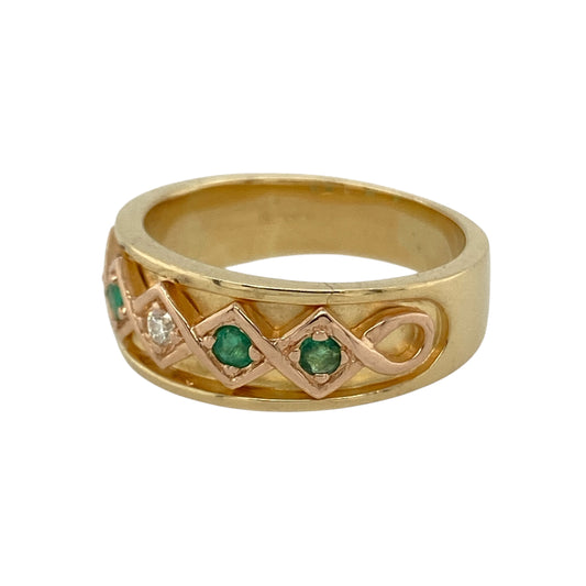 Bring rich colour and regal elegance to your collection with this pre-owned 18ct yellow and rose gold Lady Guinevere band ring, adorned with diamonds and emeralds in a bold design.
Design: The 7mm wide band features alternating diamonds and emeralds across the front, framed in an intricate two-tone design for a striking and luxurious look.
Material: Made from 18-carat yellow and rose gold, the polished finish enhances the warm blend of tones while complementing the brilliance of the stones.