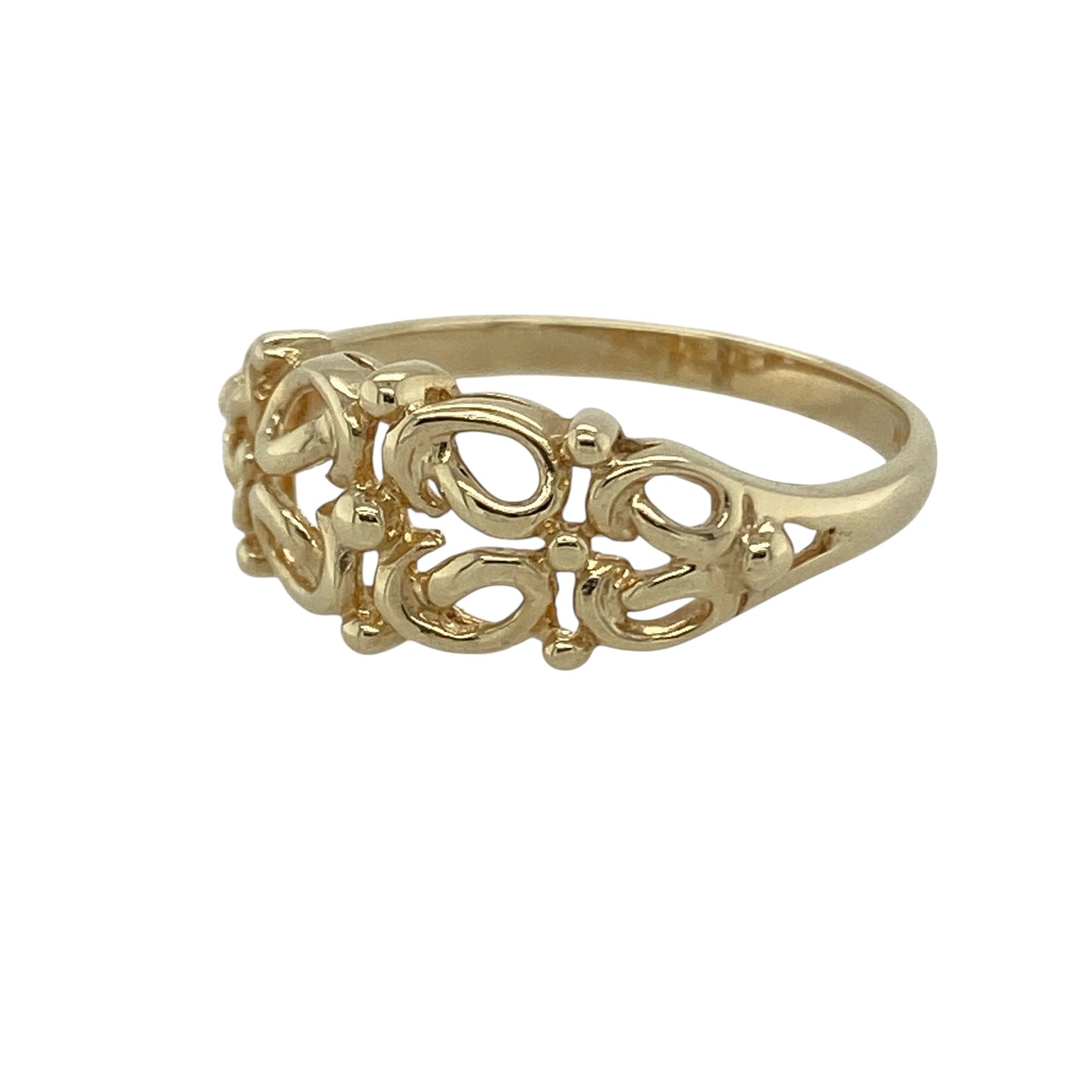 Bring delicate charm and vintage-inspired elegance to your collection with this pre-owned 9ct yellow gold open filigree knot ring—a graceful design symbolising unity and everlasting connection.
Design: The ring features an intricate open filigree knot pattern across the front, creating a light and airy look with beautiful flowing detail. The elegant knot design represents love, loyalty, and continuity.