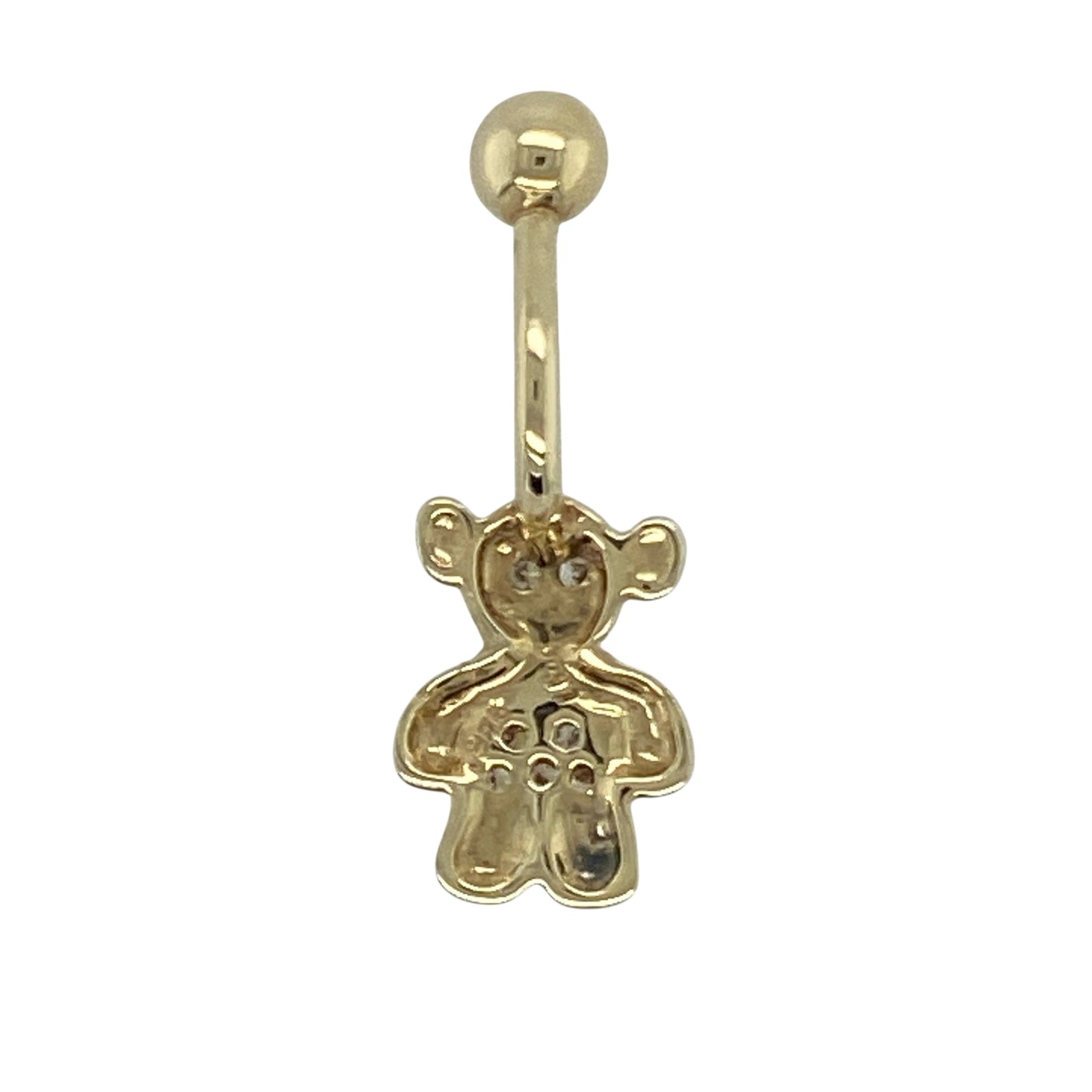 Bring playful charm and a touch of sparkle to your collection with this pre-owned 9ct yellow and white gold diamond set teddy bear belly bar—a unique and stylish piece that combines fun design with refined elegance.
Design: The belly bar features an adorable teddy bear motif crafted in yellow and white gold, with sparkling diamond accents adding a subtle touch of brilliance to the design. Its whimsical yet elegant look makes it a standout accessory.