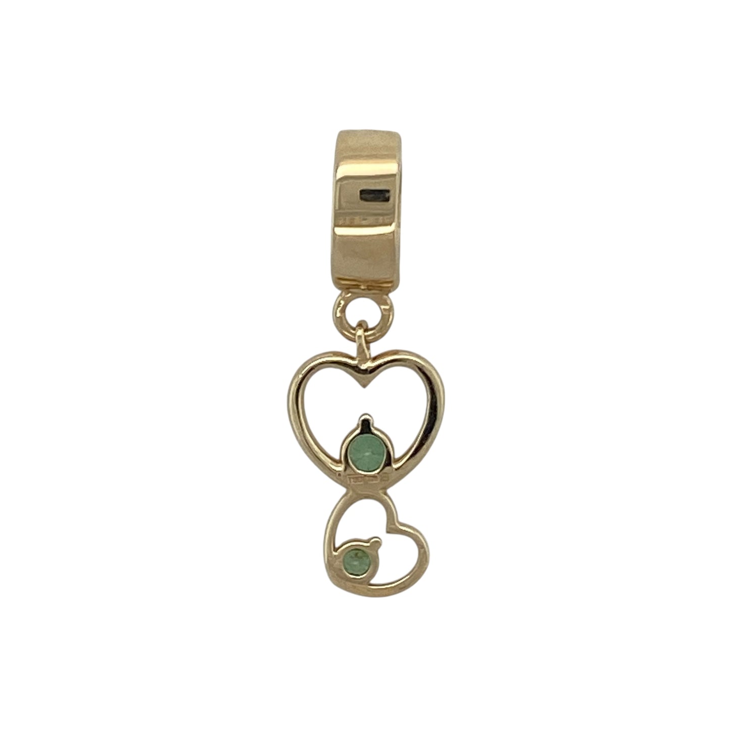 Bring romance, colour, and classic charm to your collection with this pre-owned 9ct yellow gold green stone double heart pendant—a beautifully symbolic piece representing love and connection.
Design: The pendant features two interlinked hearts, one adorned with a vibrant green stone that adds a touch of colour and elegance. The double heart design symbolises unity and affection, creating a timeless and meaningful look.
