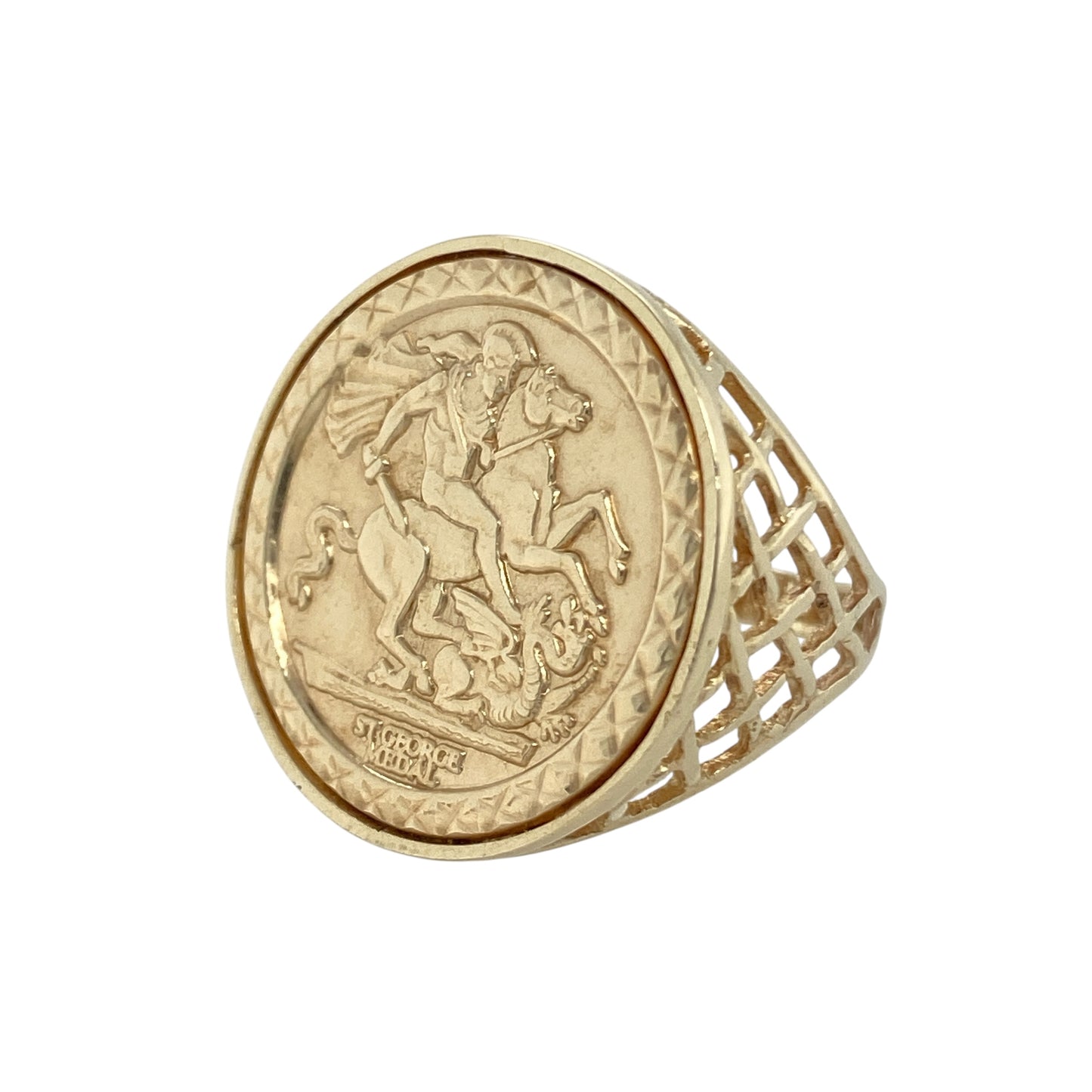 Bring heroic detail and timeless style to your collection with this pre-owned 9ct yellow gold George and the Dragon signet ring, combining classic craftsmanship with bold design—perfect for statement wear or meaningful everyday elegance.
Design: The ring features a detailed depiction of Saint George and the Dragon across the front, measuring 21mm high, with open basket-style shoulders that add depth and lightness to the design.