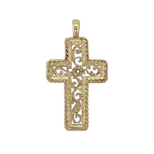 Add symbolic elegance and refined sparkle to your collection with this pre-owned 9ct yellow and white gold diamond set open patterned cross pendant — a timeless piece that blends faith with fine craftsmanship.
Design: The pendant features an openwork cross design with delicate diamond accents that add subtle brilliance and depth, creating a graceful and contemporary interpretation of a classic symbol.