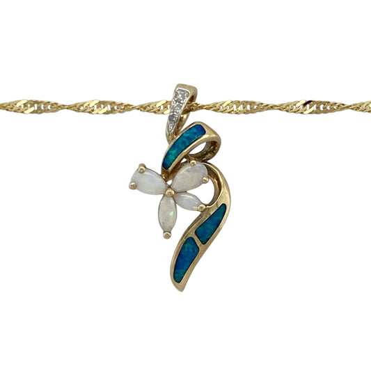 Add a touch of vibrant colour and timeless elegance to your collection with this pre-owned 9ct yellow gold diamond and opalique set flower-style necklace on a 20" Singapore chain — a graceful piece that blends classic charm with radiant detail.
Design: The pendant features a beautiful flower design set with shimmering blue and white opalique stones, accented by a sparkling diamond at the centre for added brilliance. Measuring 2.7cm long including the bail, it offers a striking yet delicate presence.