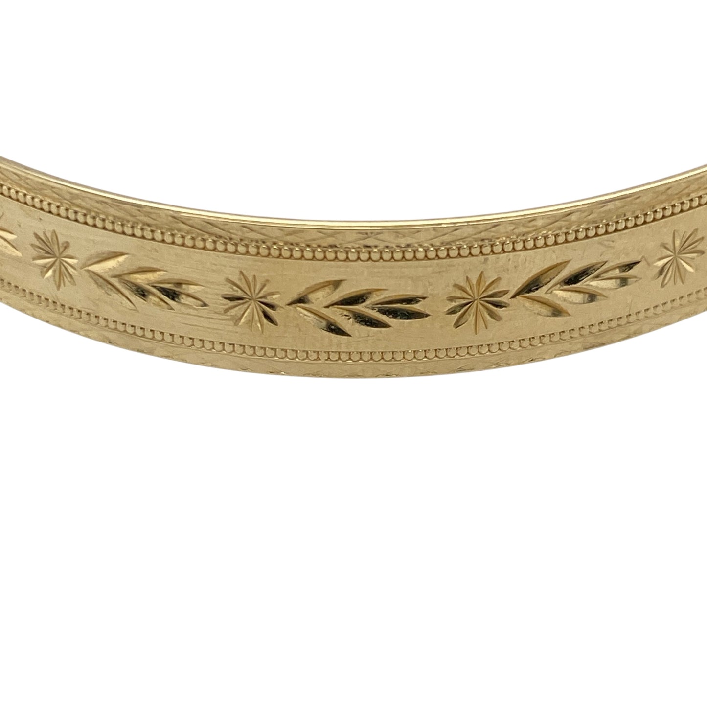 Pre-owned 9ct Solid Yellow Gold Patterned Expanding Bangle with the weight 15.20 grams and bangle width 9mm.