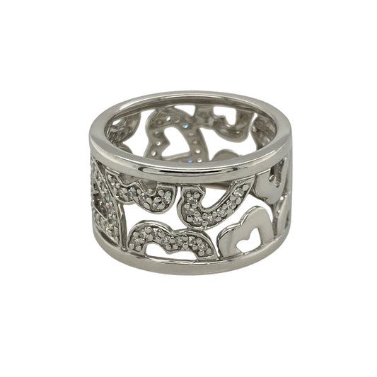 Pre-owned 9ct White Gold & Diamond Set Wide Open Filigree Band Ring in size I to J with the weight 4.30 grams.