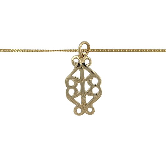 Bring delicate detail and vintage-inspired elegance to your jewellery collection with this pre-owned 9ct yellow gold filigree pendant on an 18" curb chain β a graceful piece with timeless charm.
Design: The pendant measures 2.2cm in length including the bail and features an intricate filigree pattern, showcasing elegant openwork and refined scrolling detail.