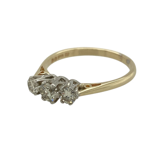 Bring timeless elegance and refined sparkle to your collection with this pre-owned 9ct yellow gold diamond trilogy ring—an enduring design rich in meaning and classic appeal.
Design: This elegant trilogy ring features three diamonds set across the band, symbolising past, present, and future. With approximately 0.43ct of total diamond content, the stones create a balanced, eye-catching display of brilliance and sophistication.