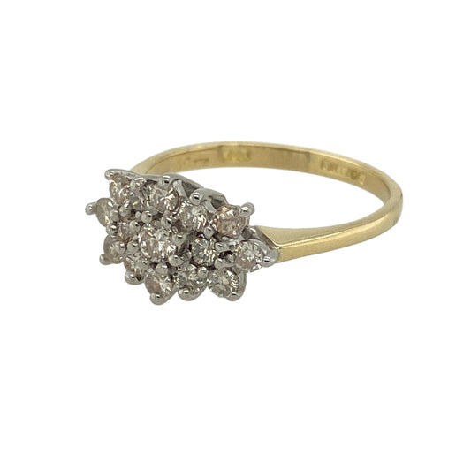 Bring eye-catching sparkle and classic elegance to your jewellery collection with this pre-owned 18ct yellow gold & diamond set cluster ring, offering a timeless design with impressive brilliance.
Design: The ring features a classic cluster arrangement, with multiple diamonds grouped together to create a bold and radiant focal point that maximises sparkle.
Material: Made from 18-carat yellow gold, the rich polished finish enhances the brightness of the diamonds and adds a warm, luxurious tone.