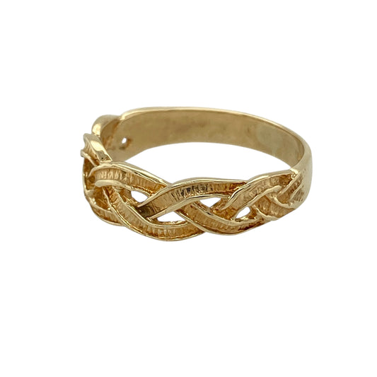 Bring traditional texture and timeless Celtic style to your jewellery collection with this pre-owned 9ct yellow gold Celtic weave band ring, a refined piece with enduring character—ideal for everyday wear or meaningful styling.
Design: The ring features a detailed Celtic weave pattern across the front of the band, symbolising continuity and strength. The decorative front measures approximately 5mm in width, offering a balanced and elegant profile on the finger.