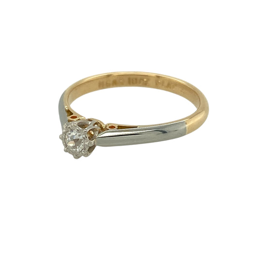 Bring understated elegance and vintage charm to your jewellery collection with this pre-owned 18ct yellow gold and platinum diamond set solitaire ring, a timeless design with classic character.
Design: The ring features a single old cut diamond of approximately 0.11ct, creating a delicate yet eye-catching focal point with soft, antique-style sparkle.