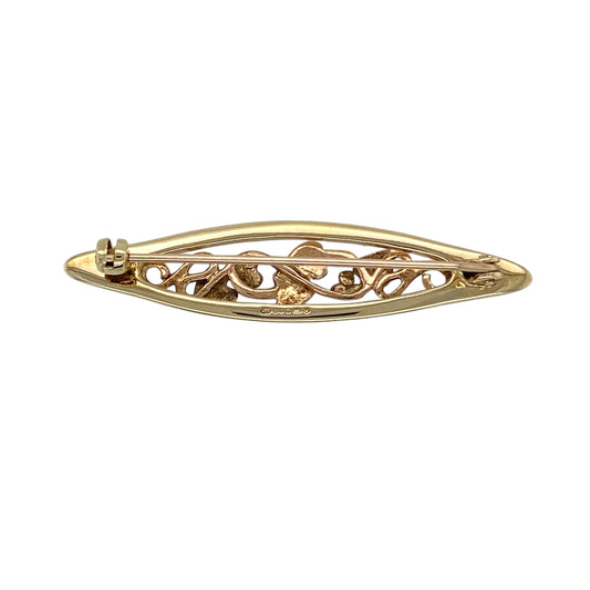Bring meaningful symbolism and elegant Welsh design to your jewellery collection with this pre-owned 9ct yellow and rose gold Clogau marquise-shaped Tree of Life brooch, a beautifully crafted piece rich in heritage.
Design: This brooch features a marquise-shaped frame showcasing the iconic Tree of Life motif, symbolising growth, strength, and eternal connection, presented in a refined and decorative style.