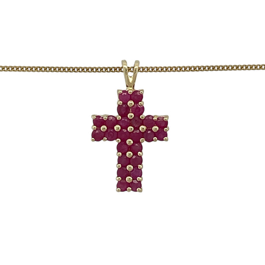 Bring rich colour and timeless faith to your jewellery collection with this pre-owned 9ct yellow gold ruby set cross pendant necklace.
Design: The pendant features a classic cross design set with multiple vivid ruby stones, creating a striking and meaningful focal point. The pendant measures approximately 2.1cm in length including the bail.
Material: Made from 9-carat yellow gold, the warm polished finish beautifully complements the deep red tones of the rubies.